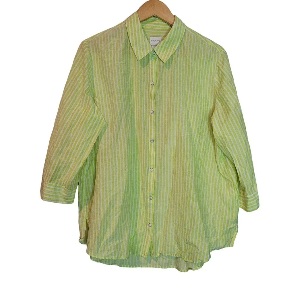 Chico's Womens Seaside Stripe Amalia Button-Up Shirt Large Multicolor 3/4 Sleeve